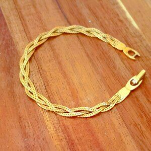 Braided Flat Chain Bracelet 6.75" Gold Tone Double Row Weaved Jewelry